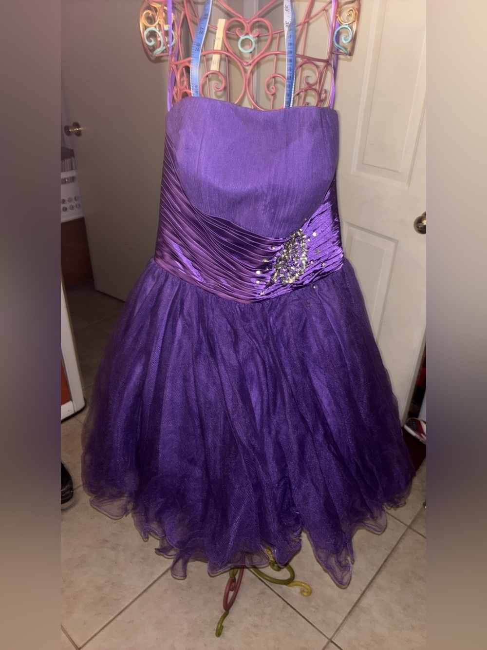 UE Purple Formal Tulle Party Dress with Beaded Sash